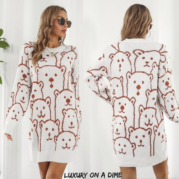 Polar Bear Round Neck Cozy Knit Long Sleeve Oversized Mini Sweater Dress White - Picture 2 of 11